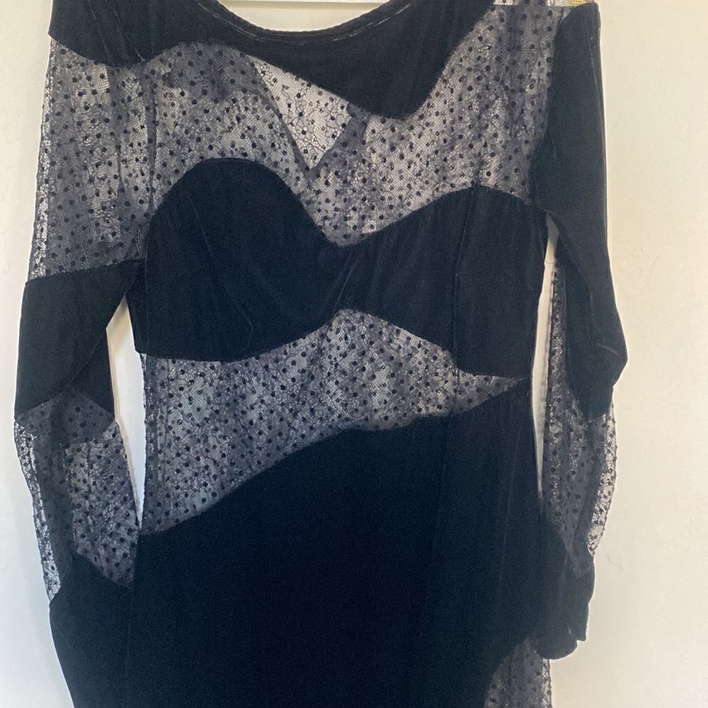 For Love & Lemons Carolyn Maxi Black Velvet Wavy Flocked Dot Lace Panel Dress - Picture 7 of 9